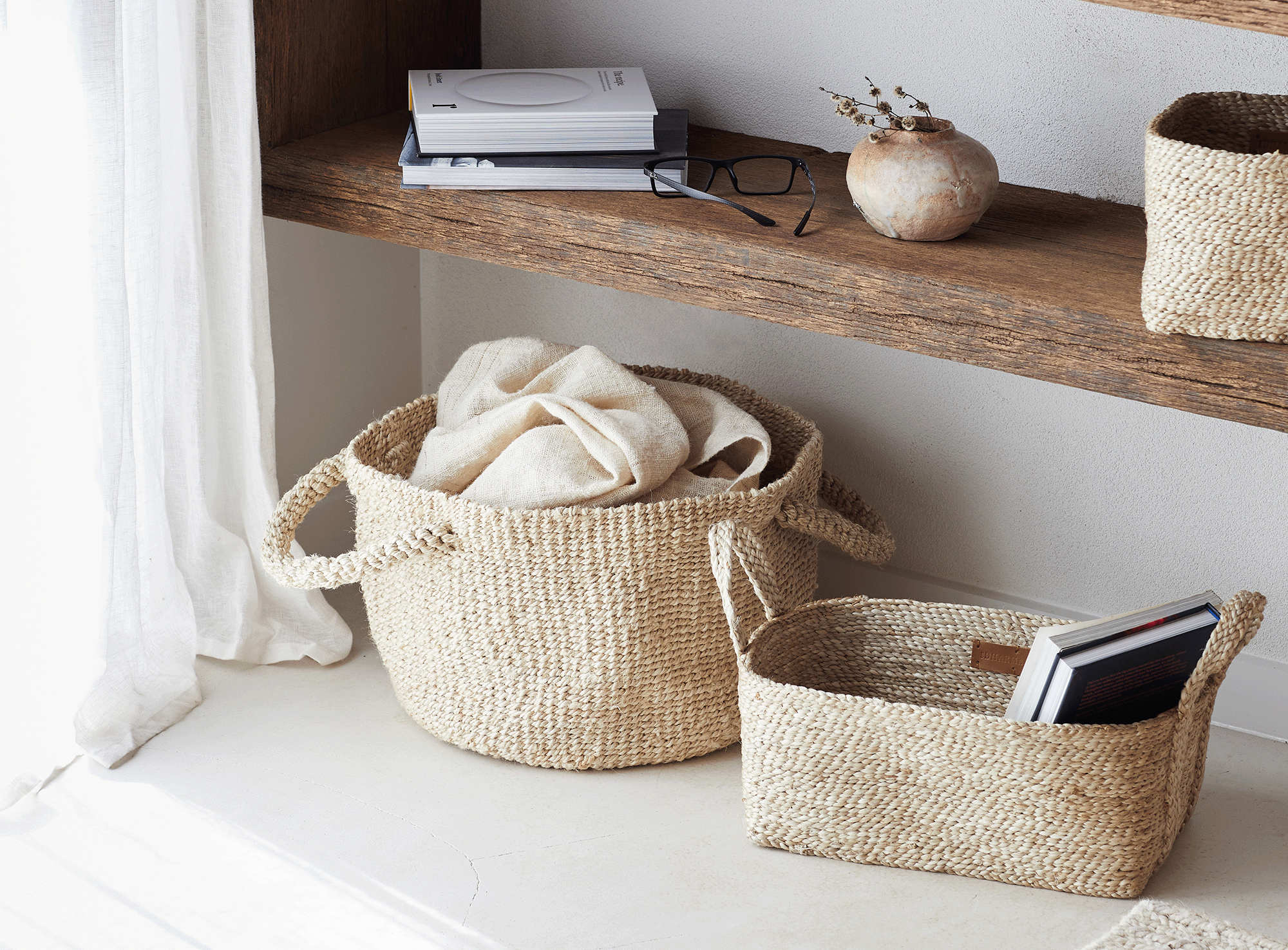 Woven jute baskets for living room storage