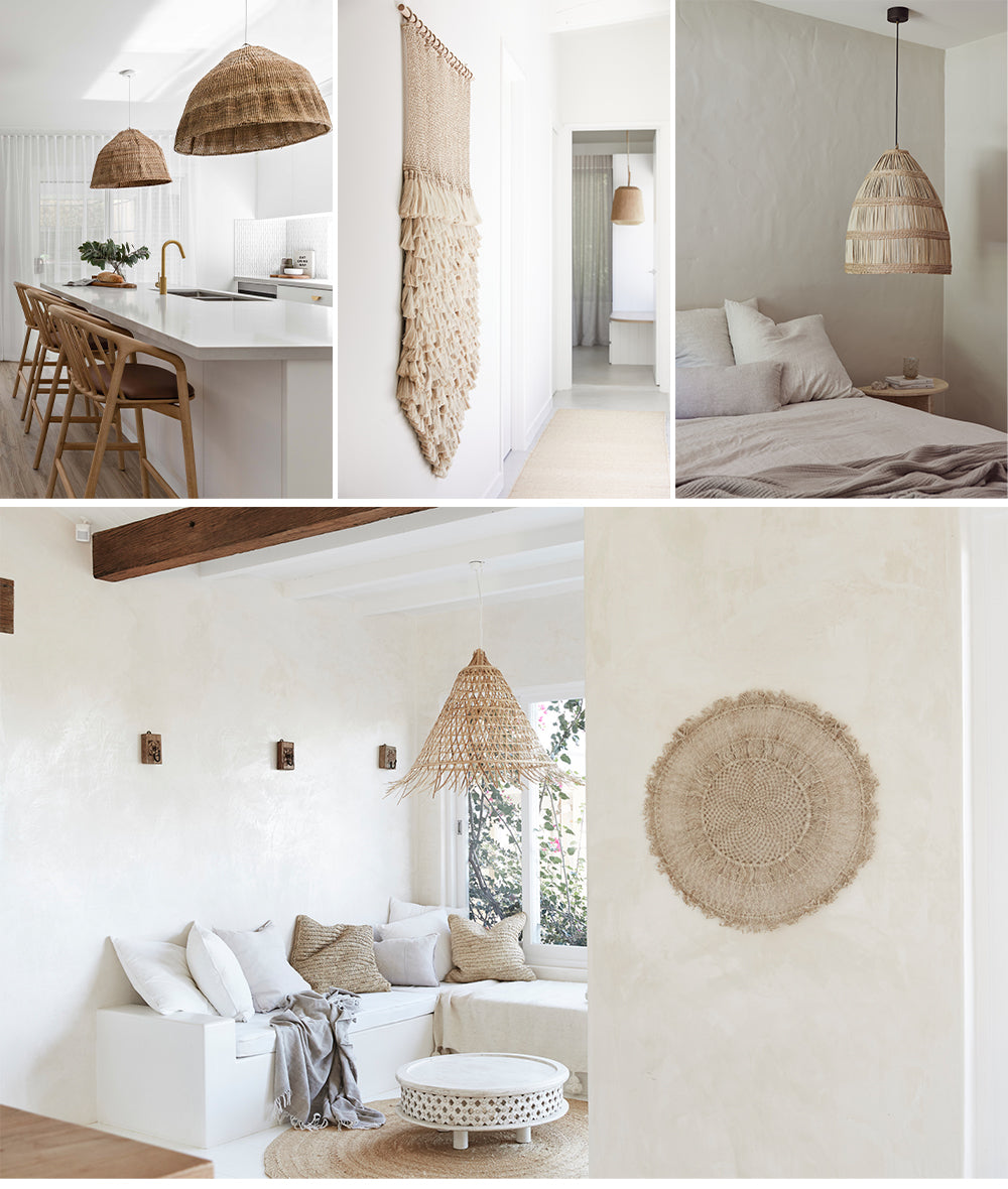 How to layer neutrals. Woven pendant lights and jute wall hangings in kitchen, hallway, bedroom and living room.