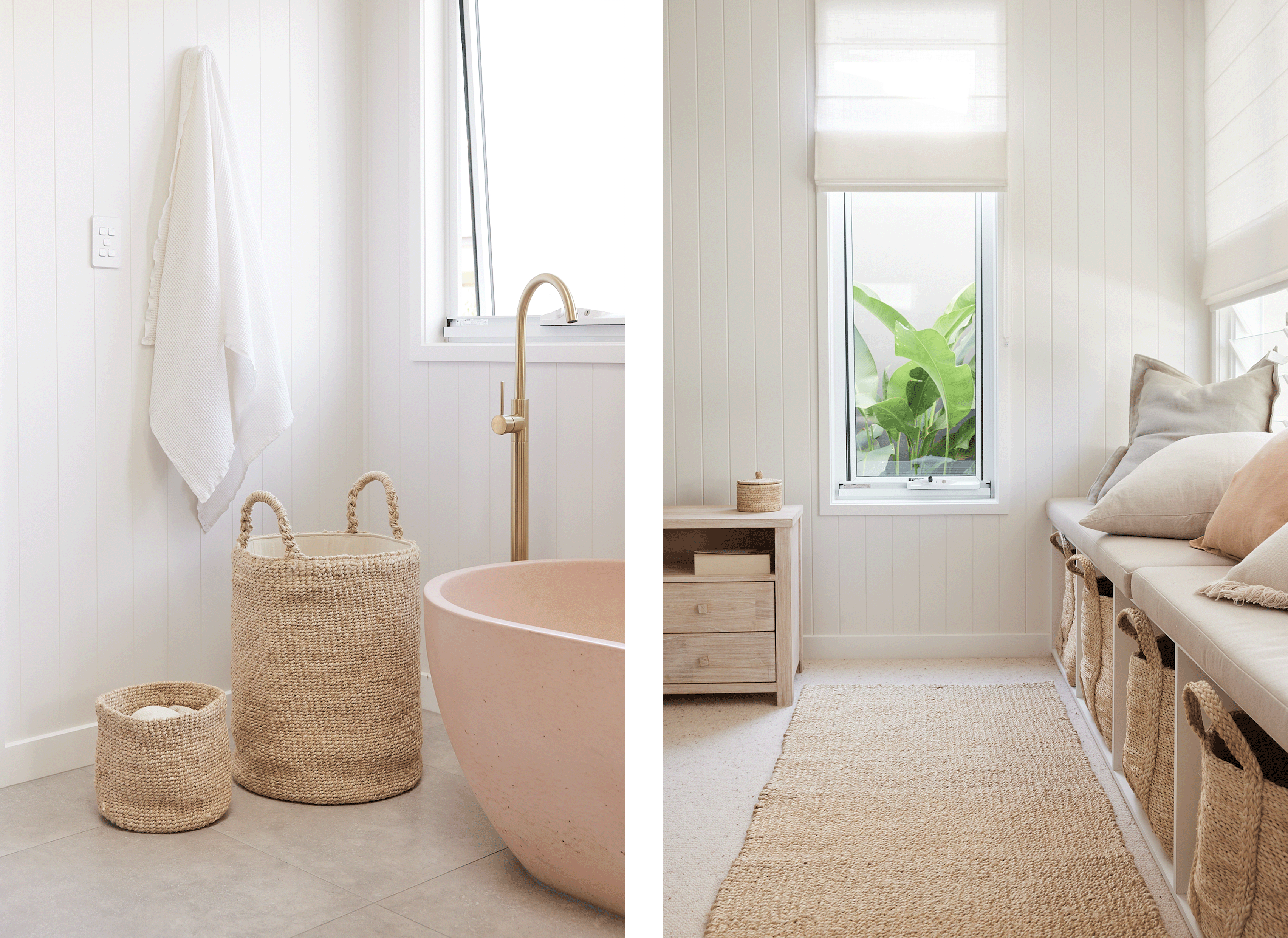 woven baskets in a bathroom and bedroom for storage at Sundream Burleigh Heads