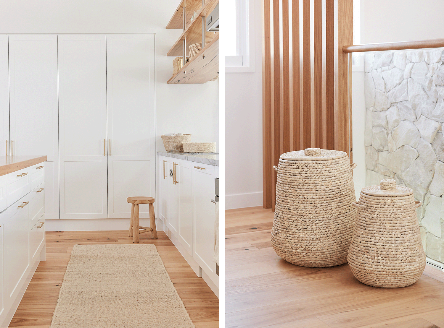 Natural tones and woven baskets and rug at Sundream Burleigh Heads