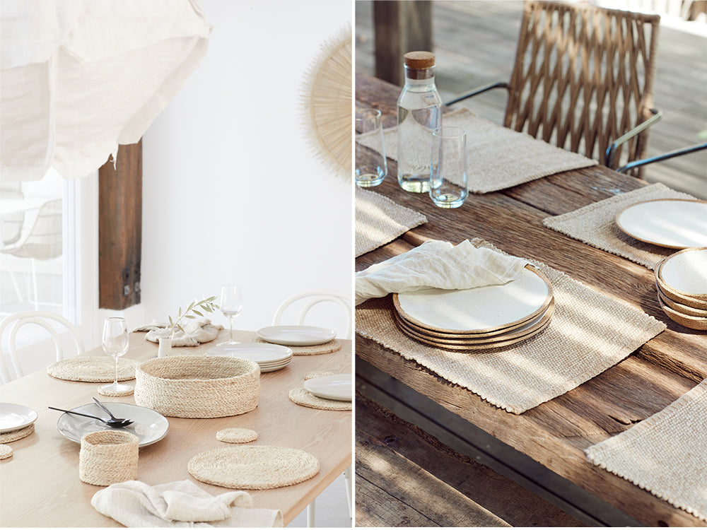 How to layer neutral tones. Table styling with natural jute placemats and coasters.