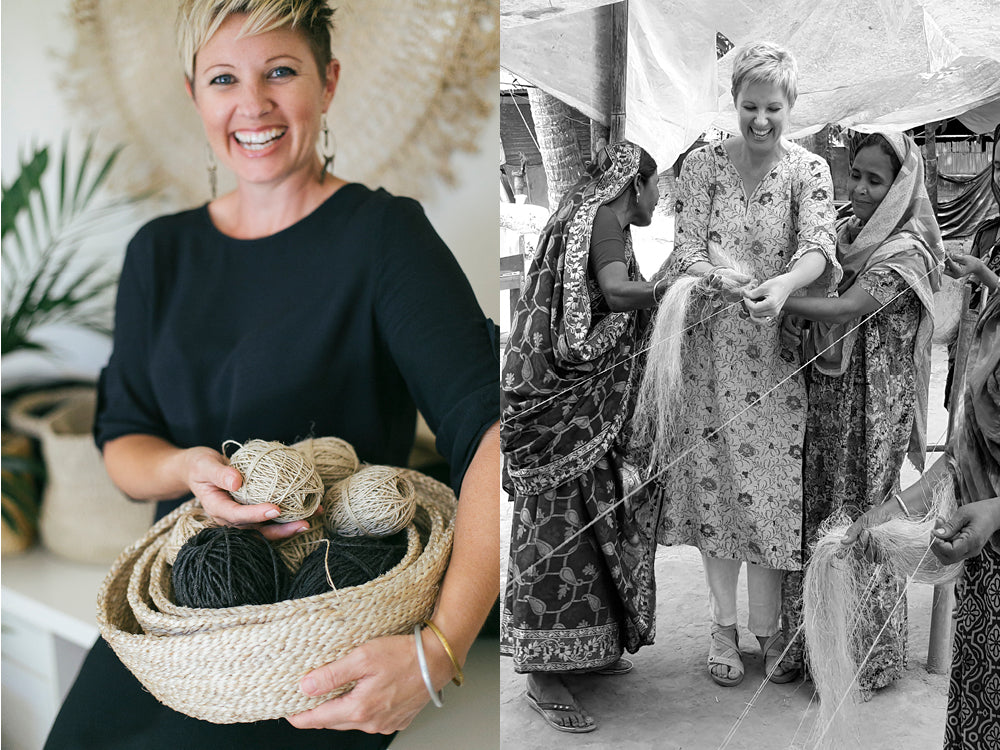 Fair trade advocate, Shannon Sheedy, holding a woven jute basket filled with jut fibres. Shannon working with the fair trade artisans who produce home decor for The Dharma Door.