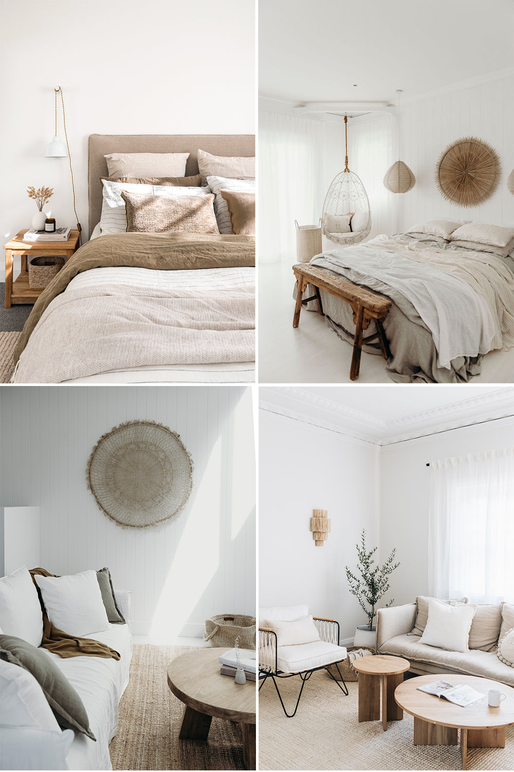 How to layer neutral tones. Natural textiles and cushions in bedrooms and living rooms.