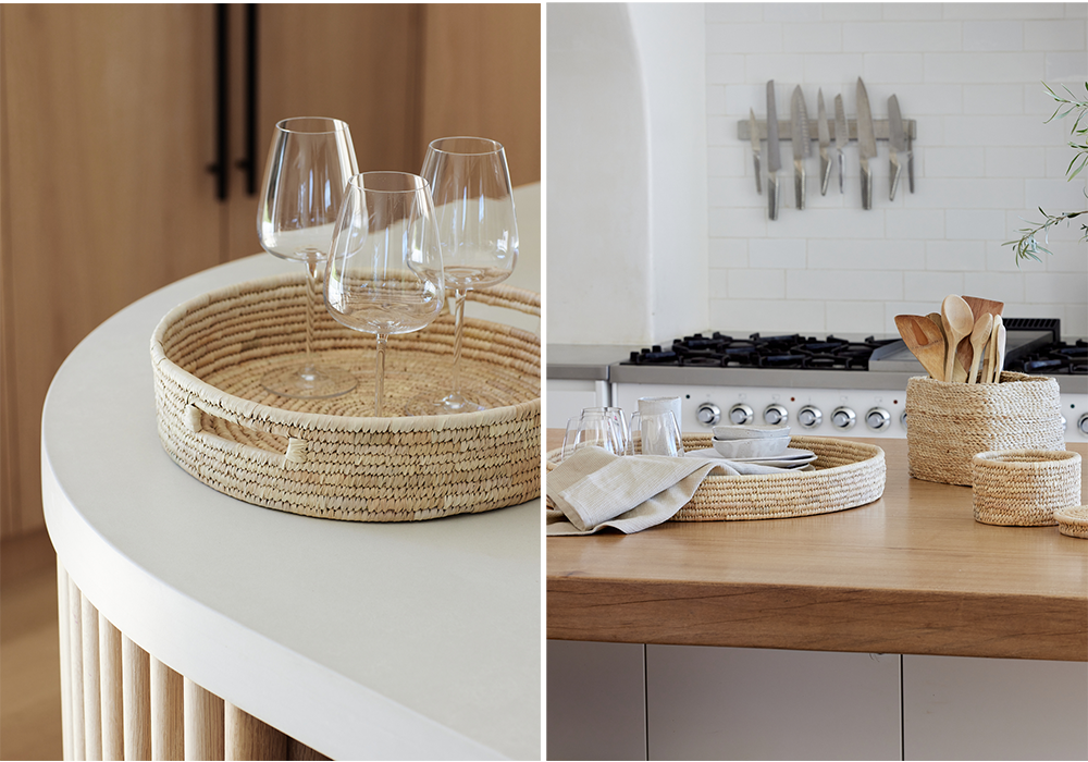 Woven trays in kitchens holding glasses and tableware