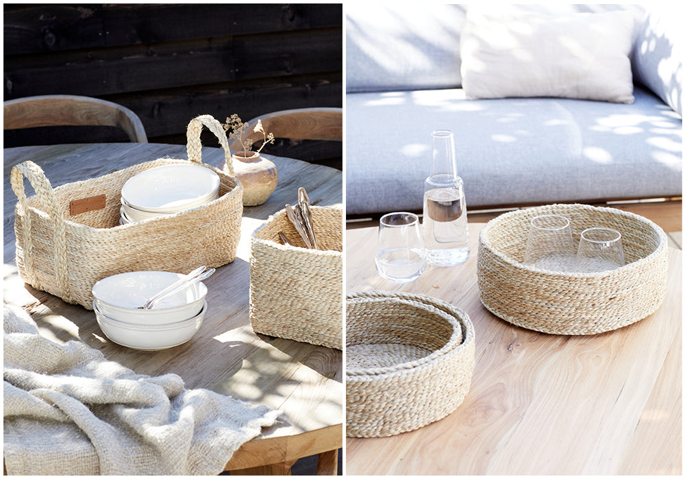 jute baskets holding tablewares on outdoor tables 