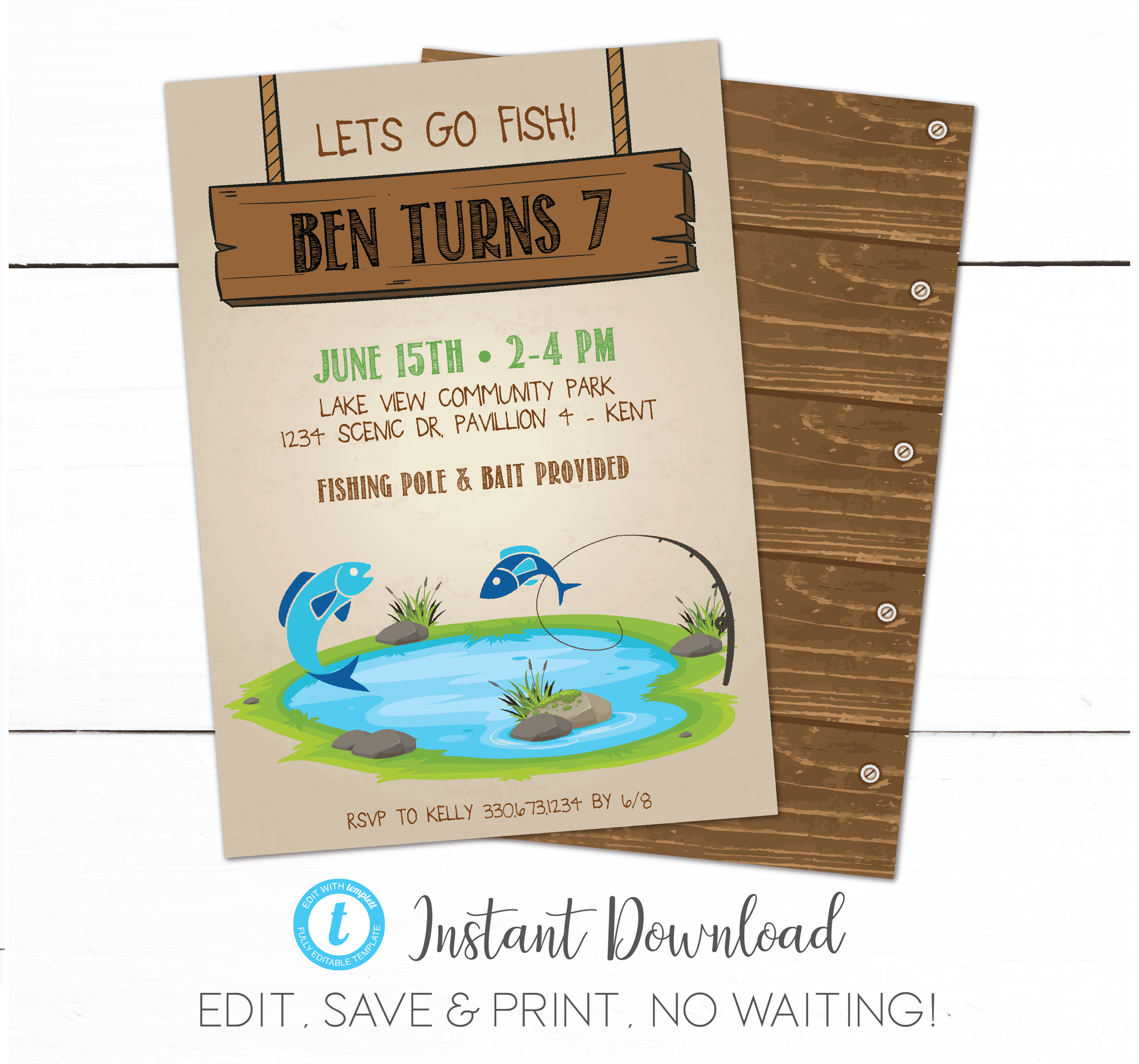 Fishing Birthday Party Invitations 10 5x7 Printed