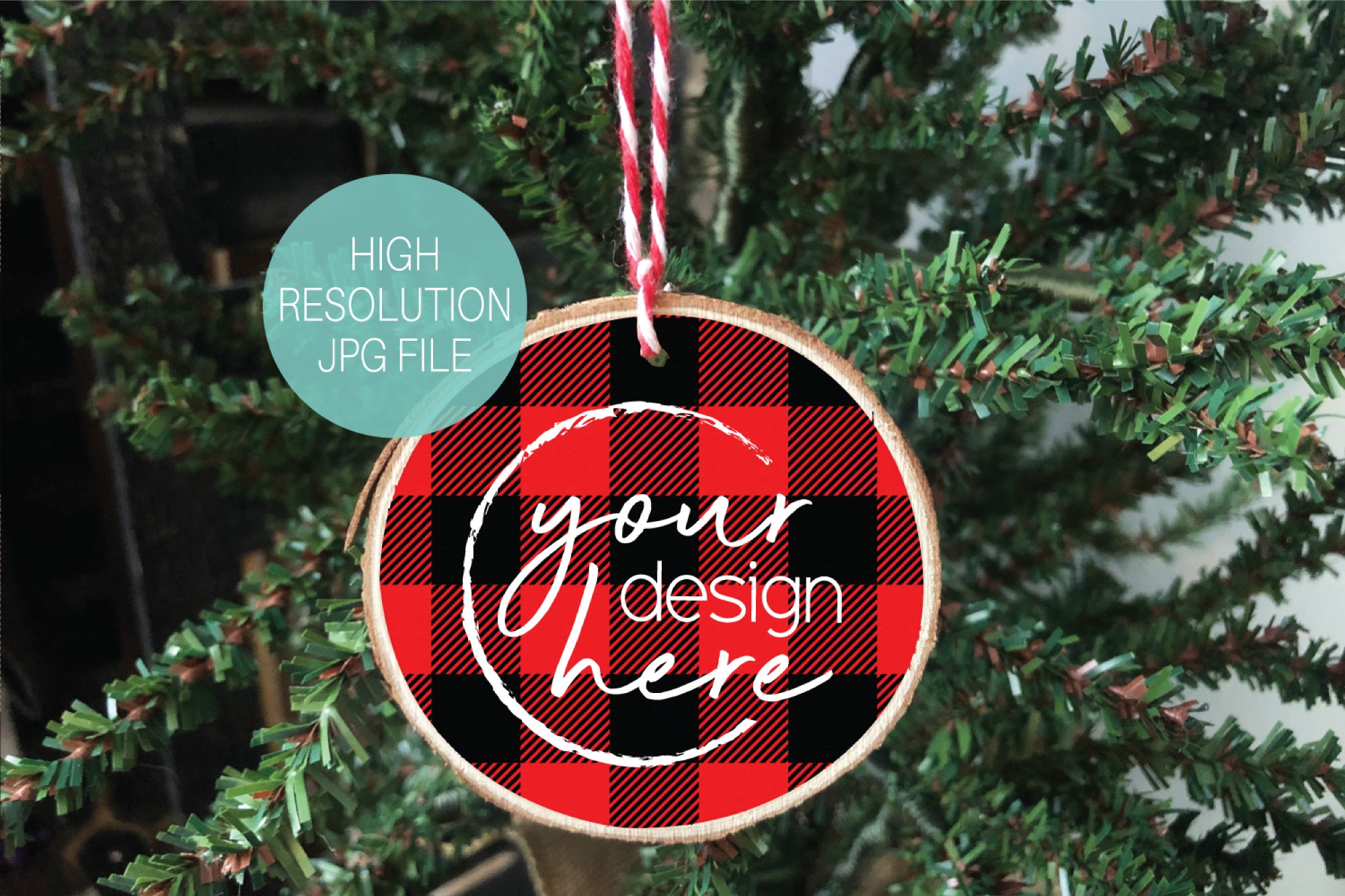 Download Red Lumberjack Plaid Circle Wood Slice Christmas Ornament Mockup Taylor George Designs