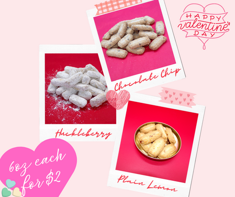 A pink background with three polaroid pictures of different shortbread cookies labeled: "Huckleberry Snaps", "Chocolate Chip", and "Plain Lemon".  A hot pink heart in the bottom left tells you they're $2.00 for a six ounce pack of cookies