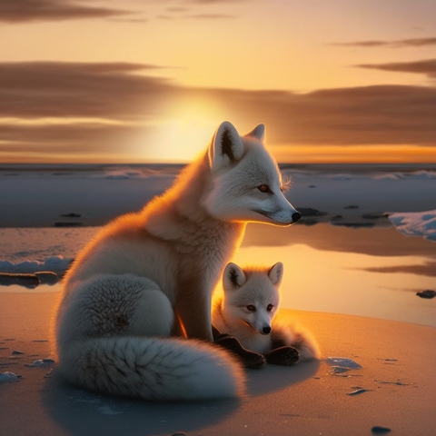 arctic fox on beach at sunset with mom