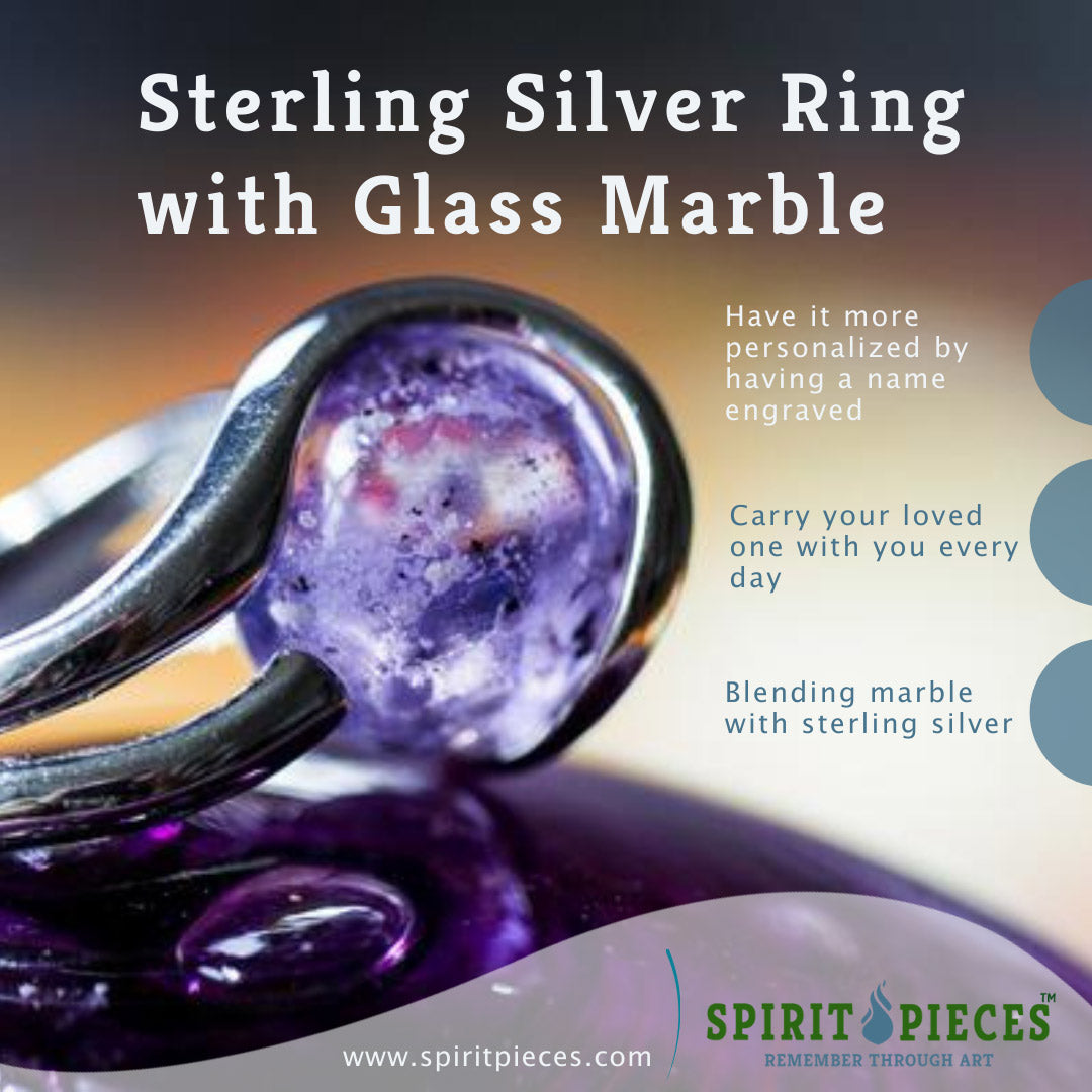 Sterling Silver Ring with 12mm Transparent Glass Marble Infused with Cremains
