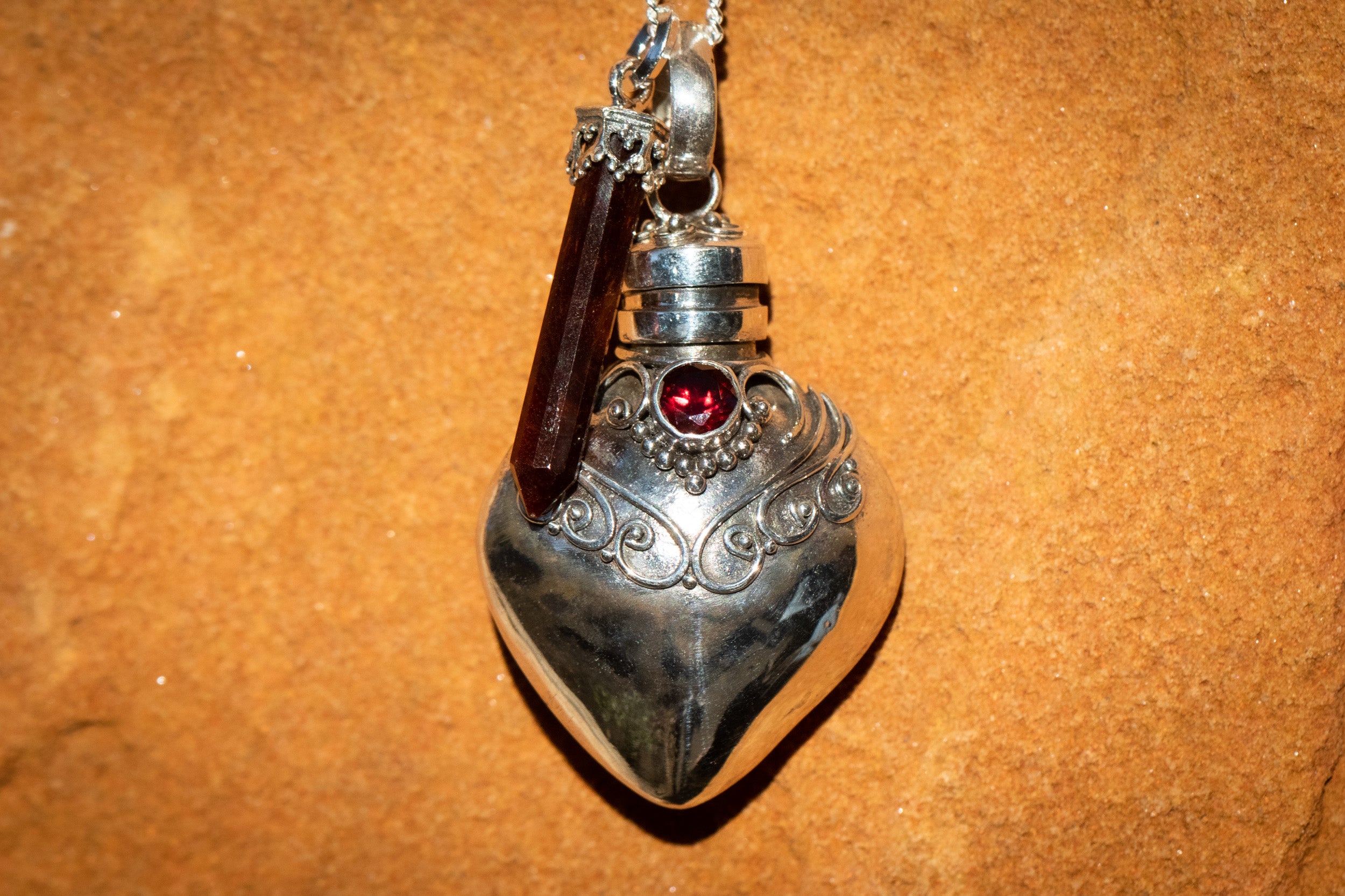 Garnet Silver Heart Memorial Necklace with Red Tiger Eye Pendant