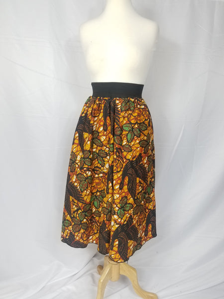 DUPE african print silk midi-length skirt (brown and green)