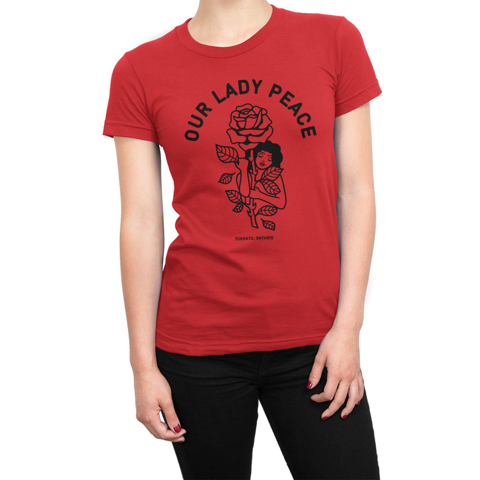 girl in red merch shirt