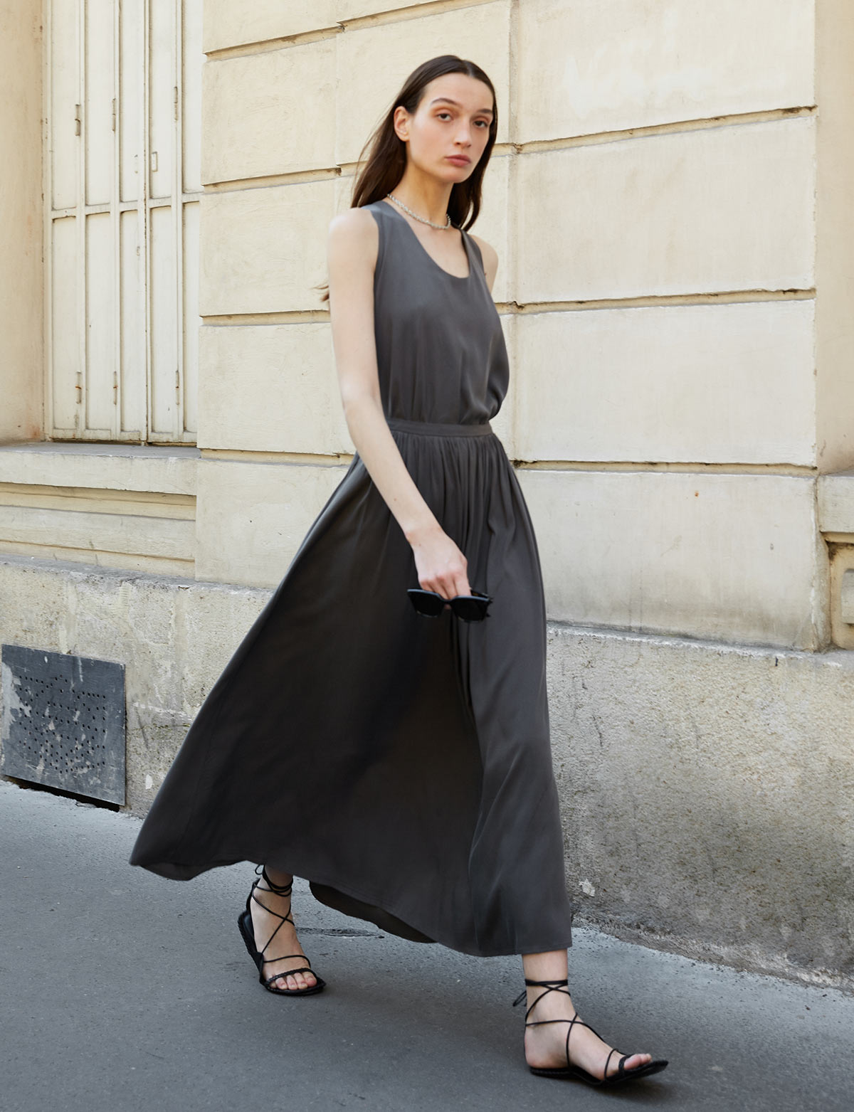 Grey Silky Full Maxi Skirt