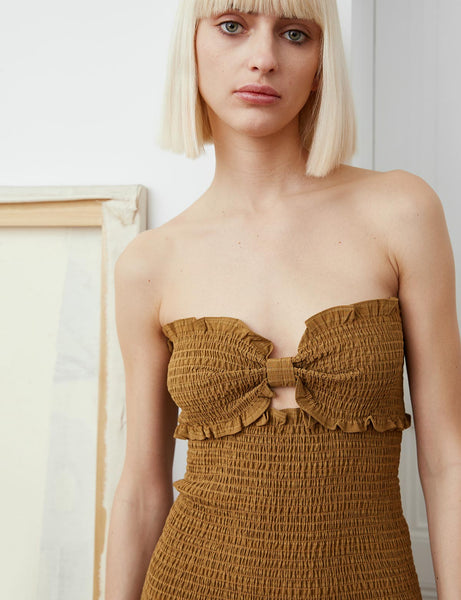 Strapless Corset Waistline Cutout Sheer Smocked Midi Dress