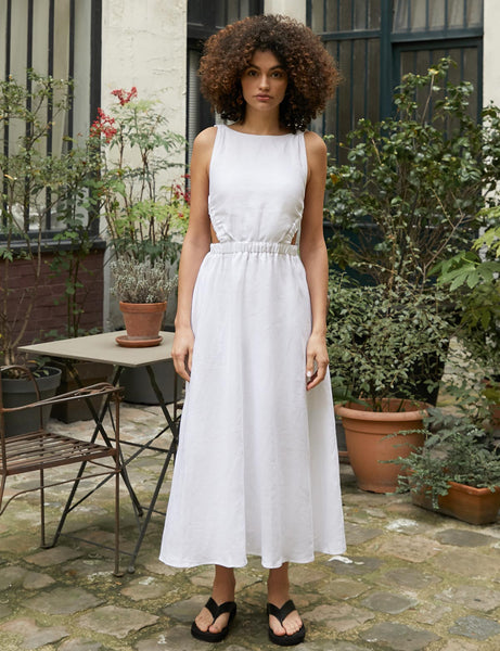 Linen Summer Elasticized Waistline Cutout Dress