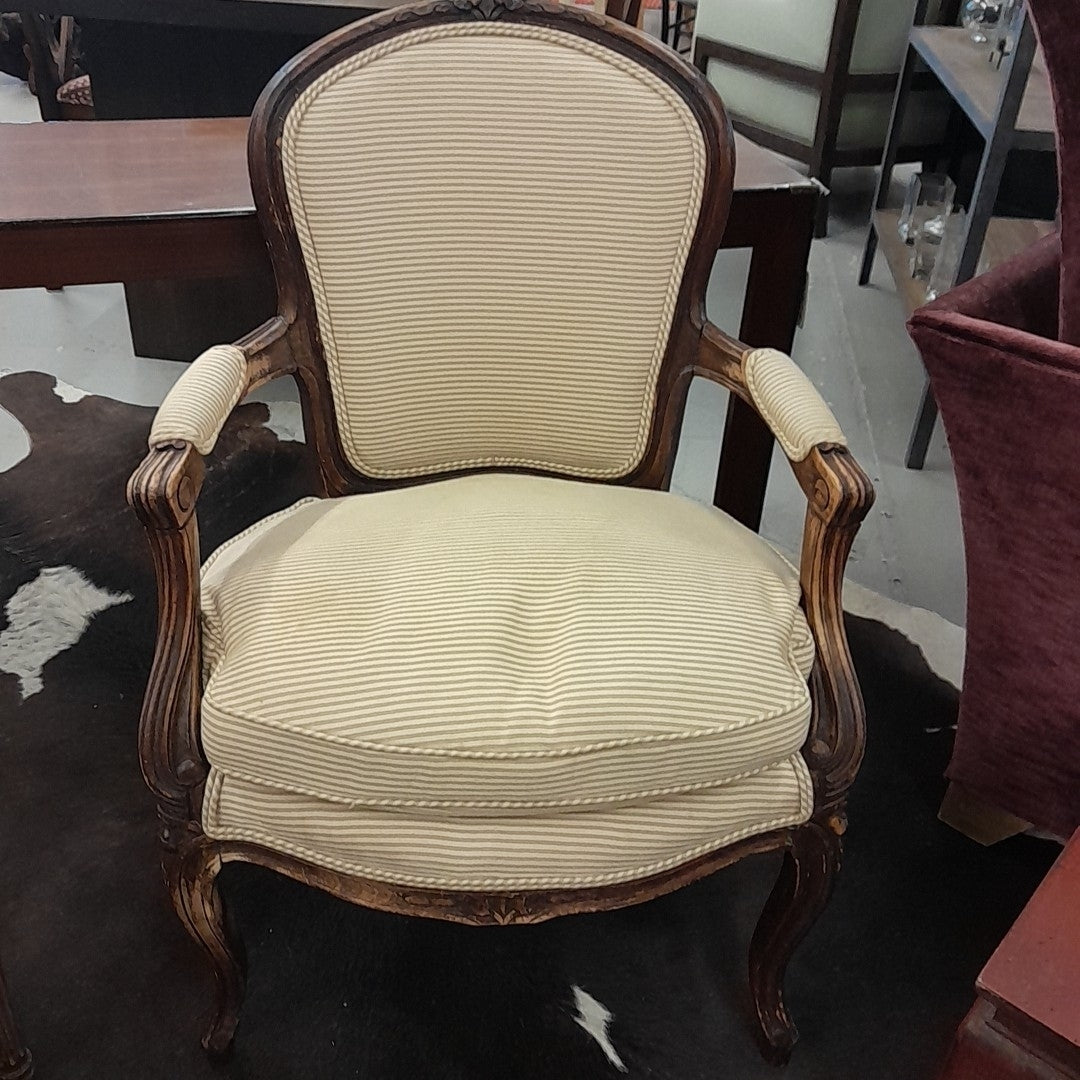 Small Antique French Louis XVI Oval Back Armchair in Beige Stripe