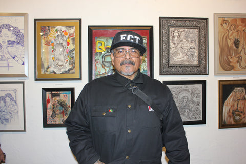 Sal Preciado, Founder of El Clasico Tattoo, with his artworks for Delincuentes