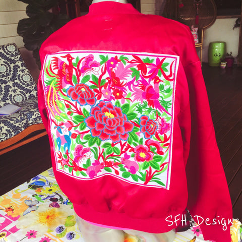 red denim jacket with embroidery