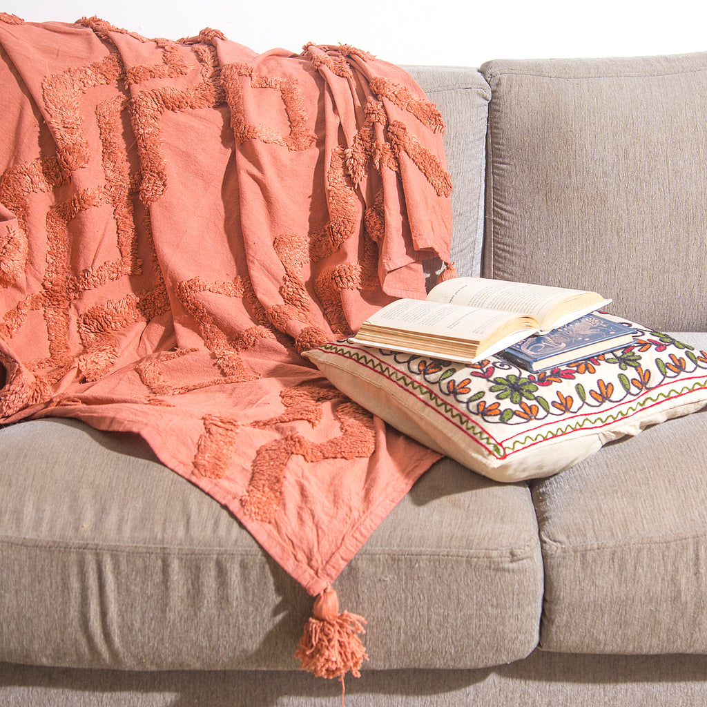 Rust Tufted Throw With Tassels Ornate Handicrafts