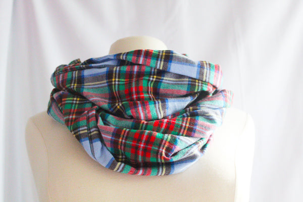 Kids Light Blue, Red, Green Plaid Infinity Scarf I The Enchanted Magnolia