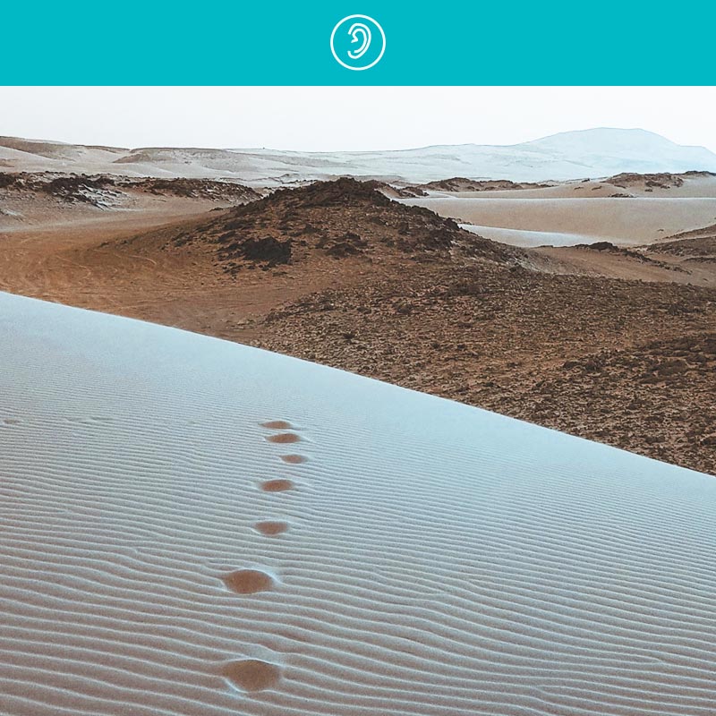 foot prints on a sandy hill with mountains in the background.