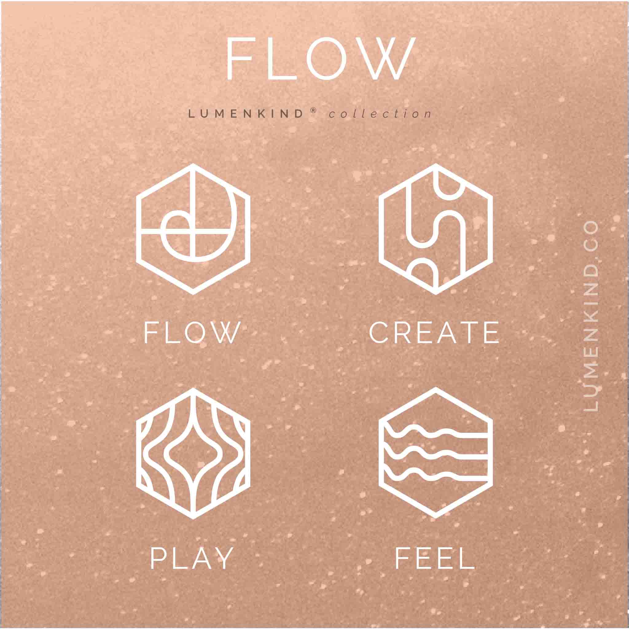 The Flow Collection of Mindful Marks includes Flow, Feel, Create, and Play.