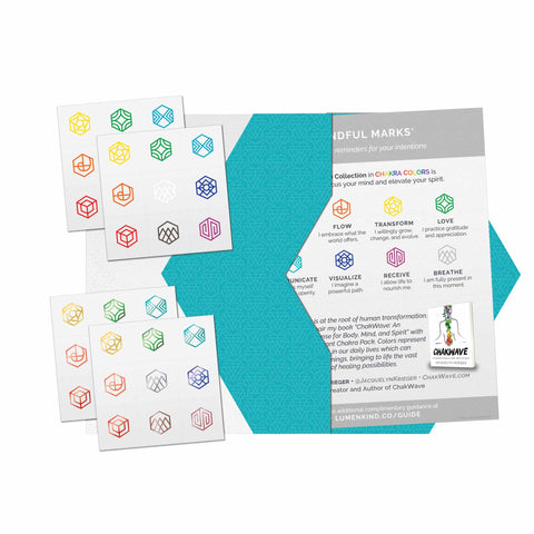 The entire contents of a pack of Mindful Marks — Chakra Pack.
