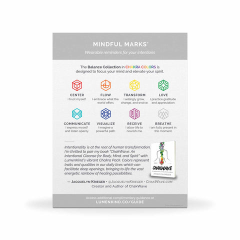 Mindful Marks — Chakra Collection insert included with each pack, showing each of the 8 mindful mark intentions.