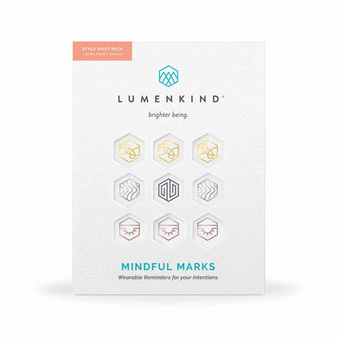 The front side of a pack of Mindful Marks — Style Shift Pack, wearable reminders for your intentions.