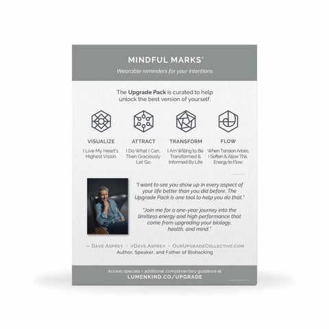 The front side of a pack of Mindful Marks — Upgrade Pack, wearable reminders for your intentions.