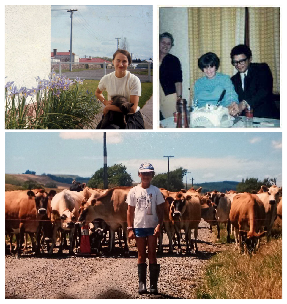 a collage of family photos on a farm and with family