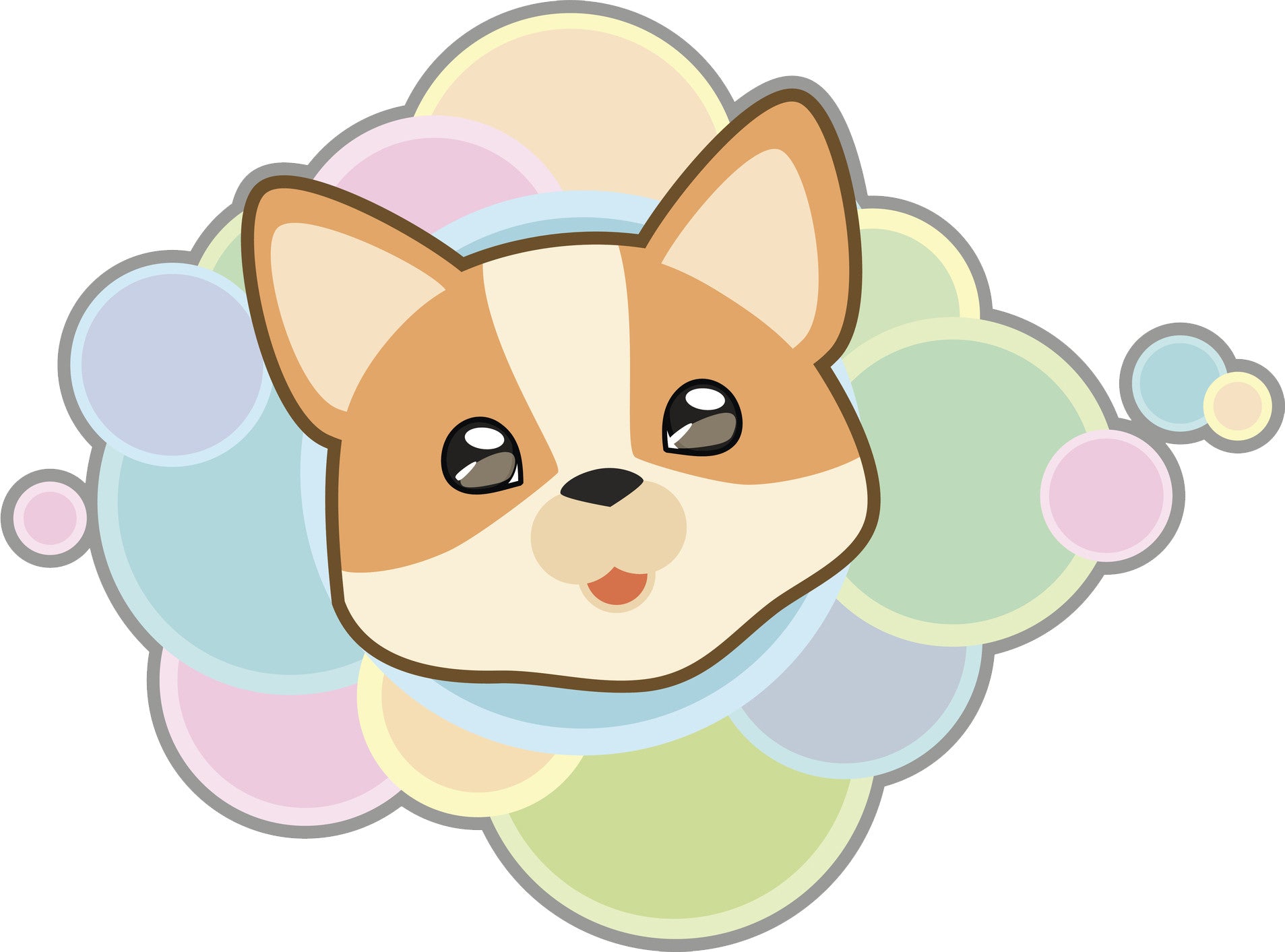 Cute Adorable Kawaii Puppy Dog Cartoon with Rainbow Bubbles - Shiba In