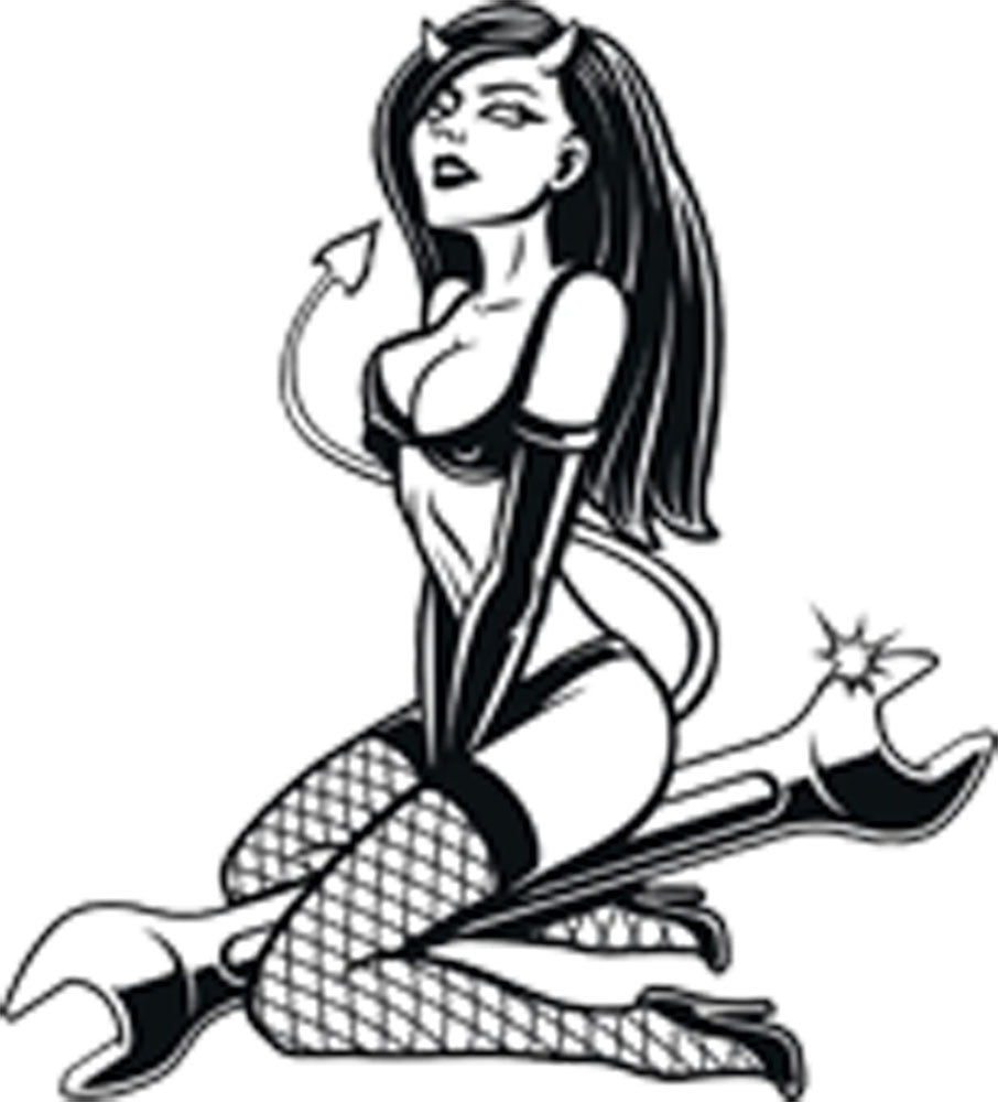 Sexy Devil Girl Pinup Model Wrench Cartoon Solo Vinyl Decal Sticker