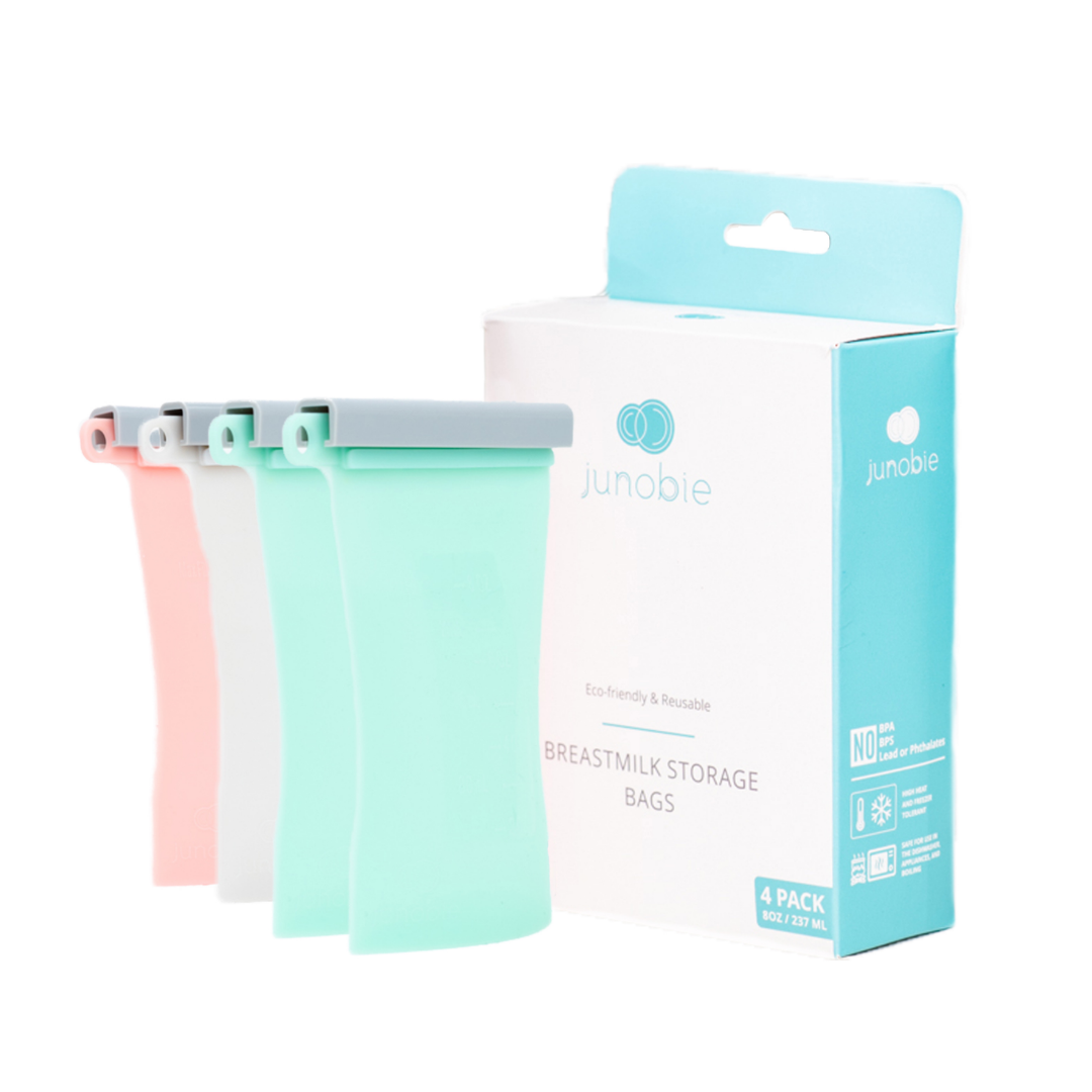 Image of Junobie Reusable Silicone Milk Storage Bags - Mint, Peach & White 4 PACK