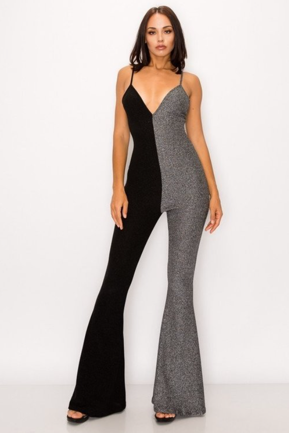 metallic bell bottom jumpsuit