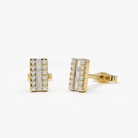 Mini Baguette + Round Trio Studs 14K Yellow Gold / Pair