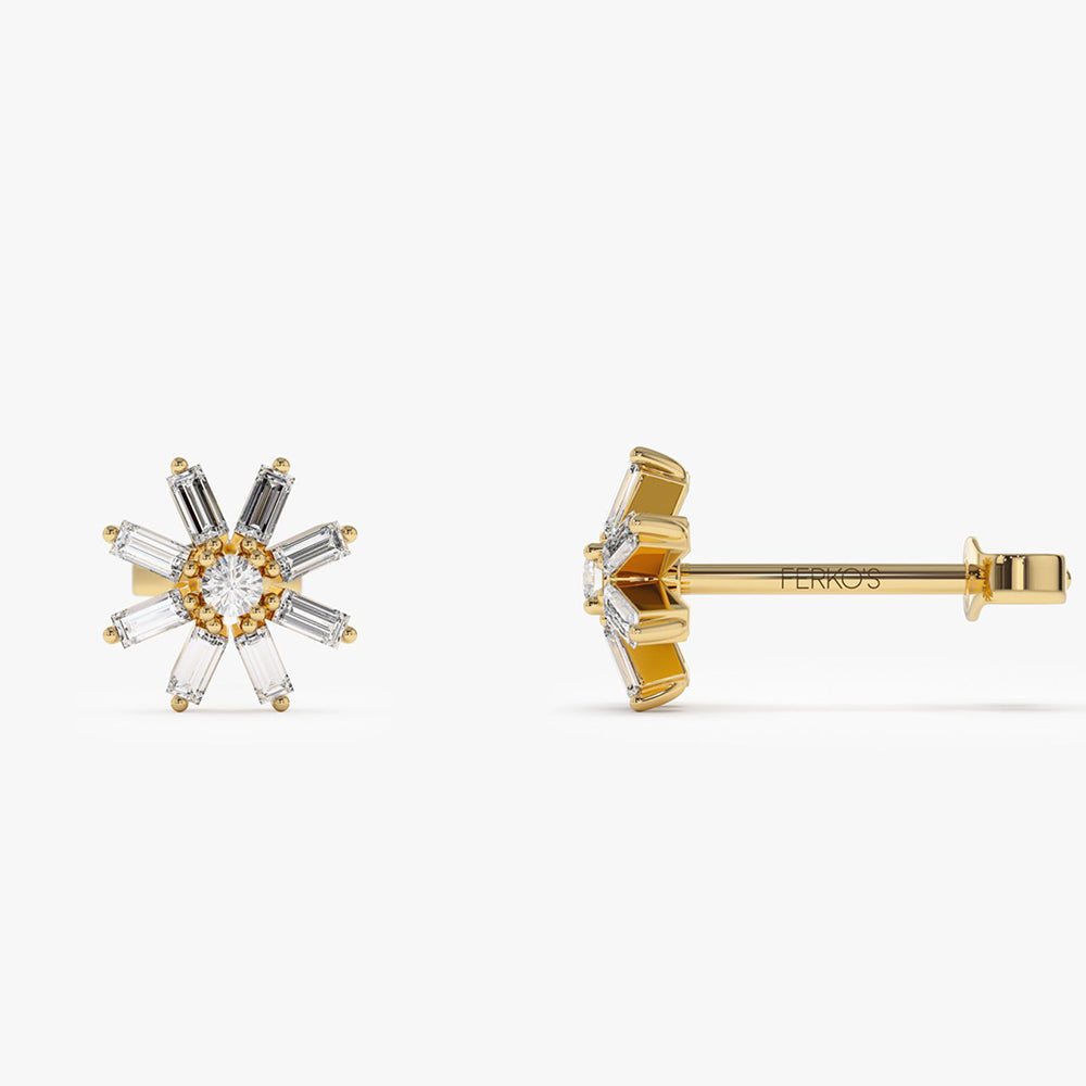 14k Floral Design Baguette Diamond Stud Earrings