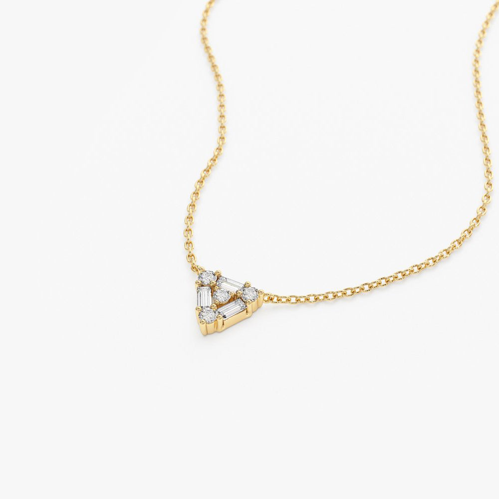 14k Triangle Shaped Round and Baguette Diamond Necklace