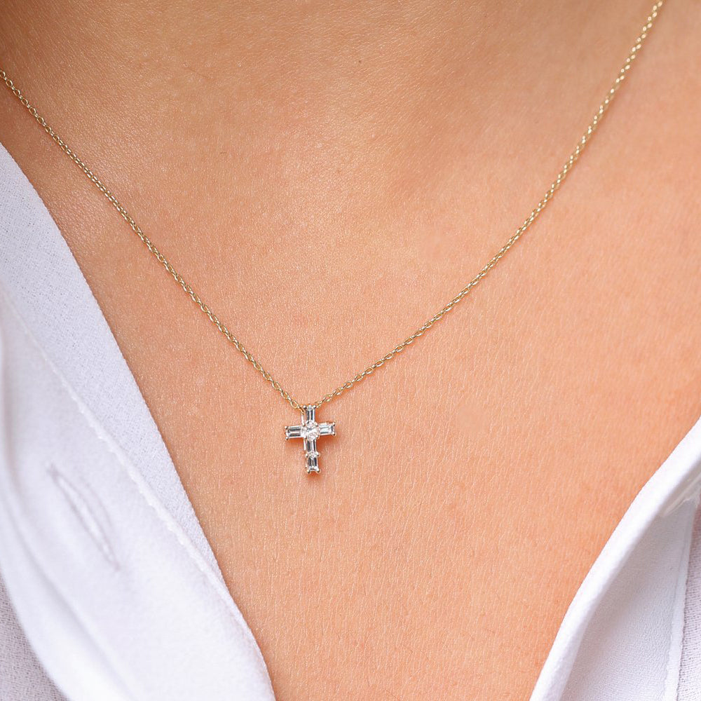 14K Gold Baguette Diamond Tiny Cross Necklace – FERKOS FJ