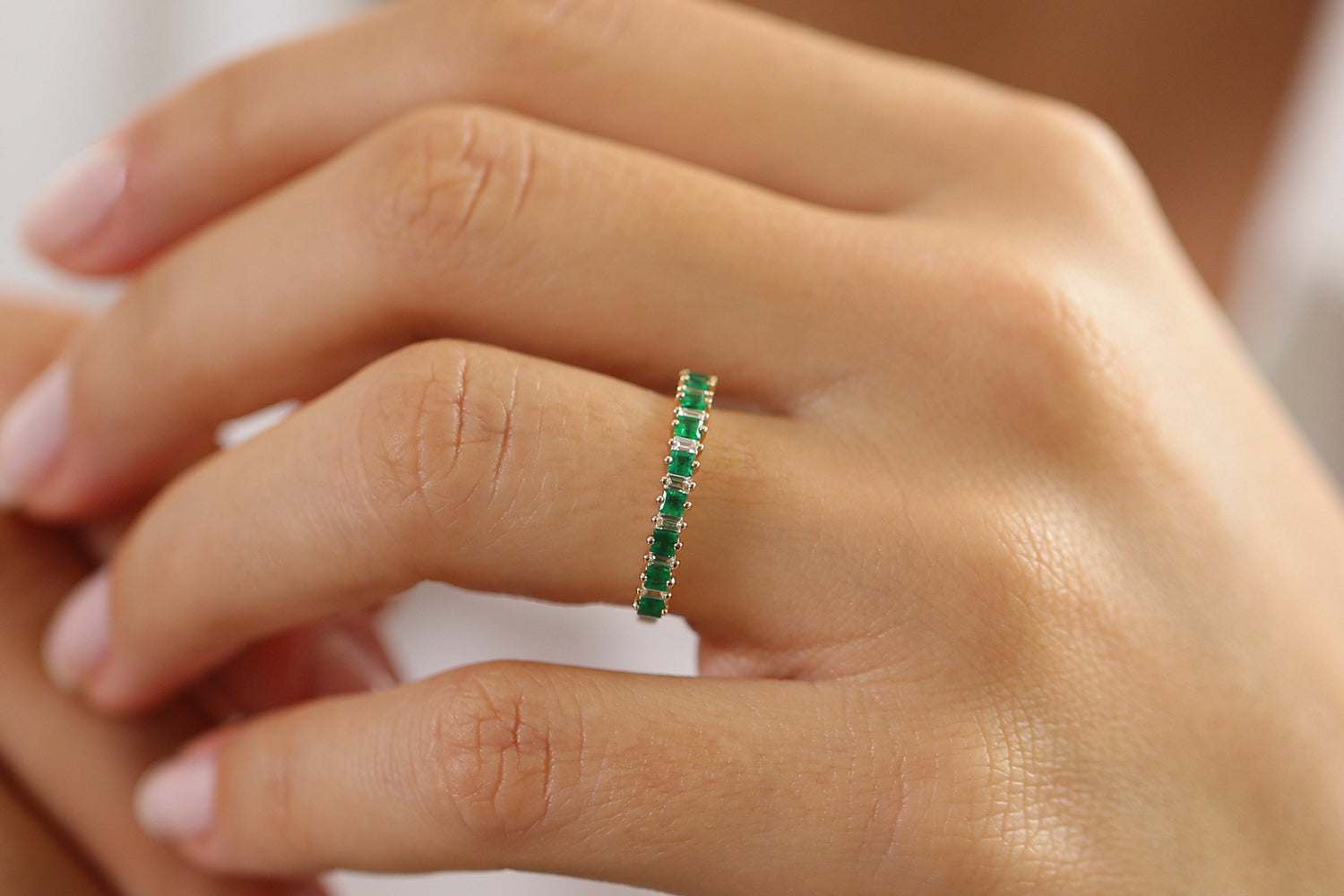 14k Unique Princess Cut Emerald and Baguette Diamond Ring