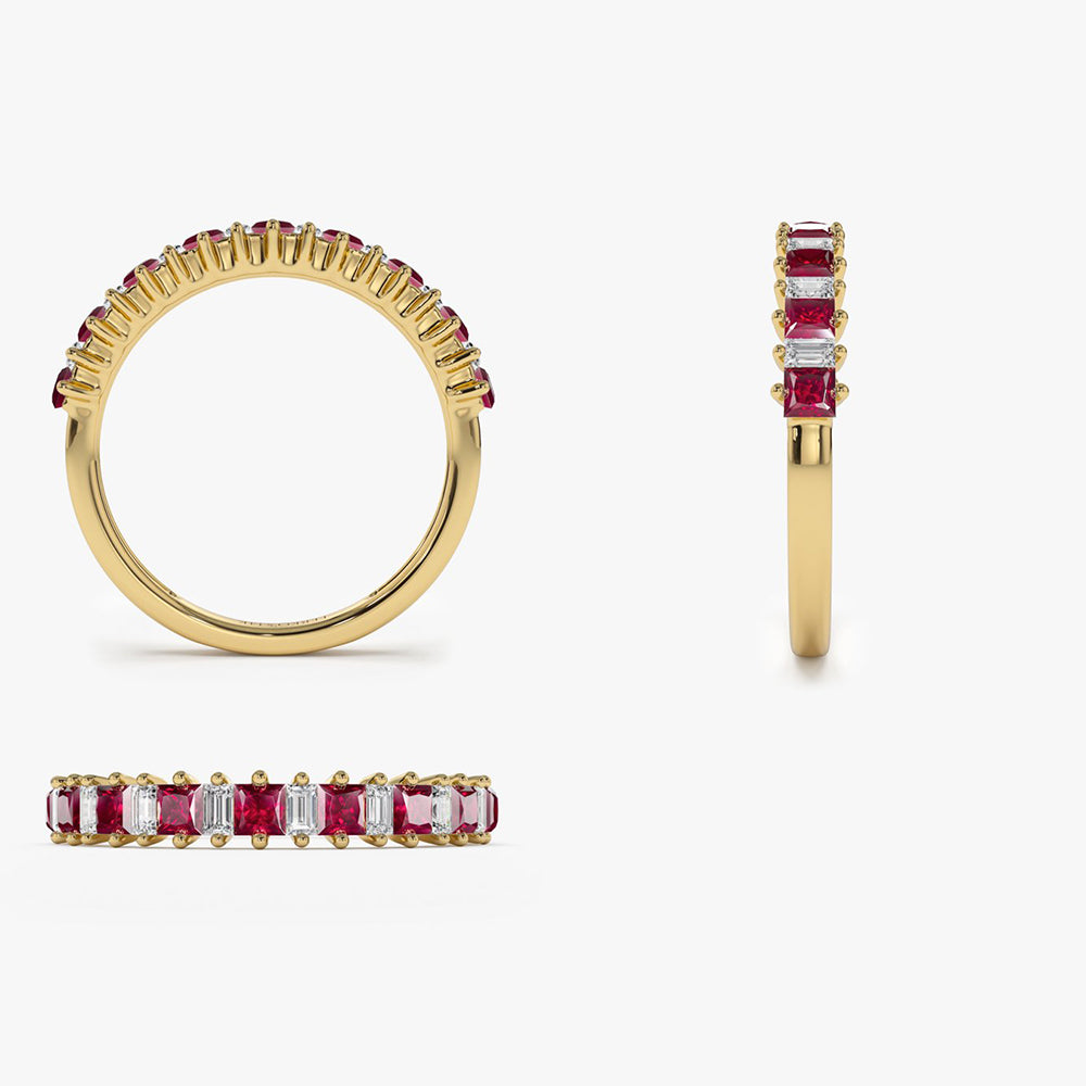 14k Unique Princess Cut Ruby and Baguette Diamond Ring