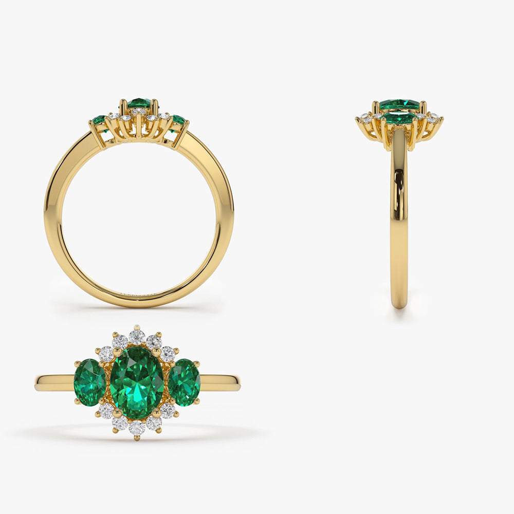 14k Three Stone Emerald Cluster Ring