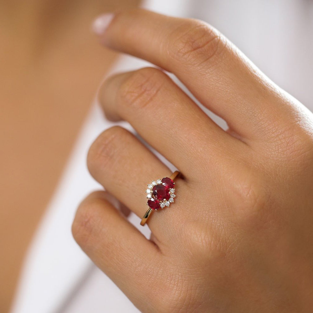 14k Three Stone Ruby Cluster Ring