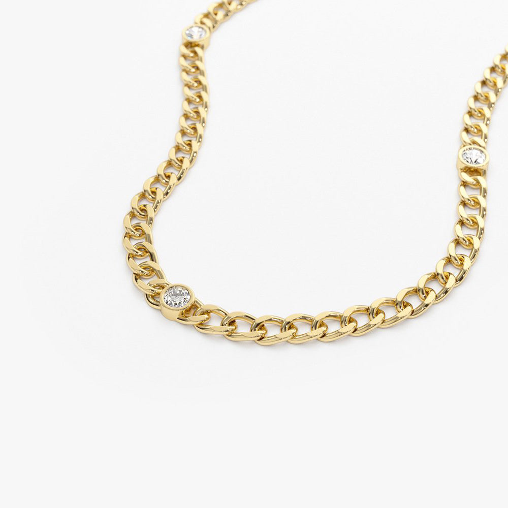 14K Gold Cuban Link Necklace w/ Bezel Setting Diamond