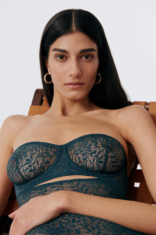 Else Acacia strapless underwire bodysuit in teal Cedar, front detail view on model