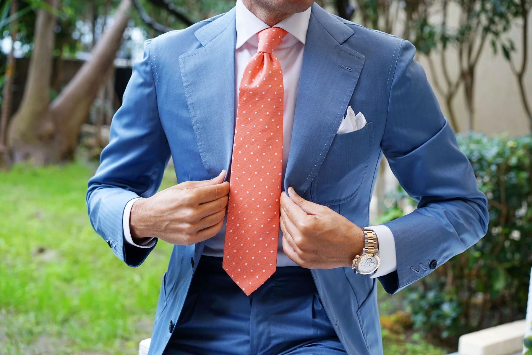 Nailhead Polka Dot Tie - Coral Orange with White