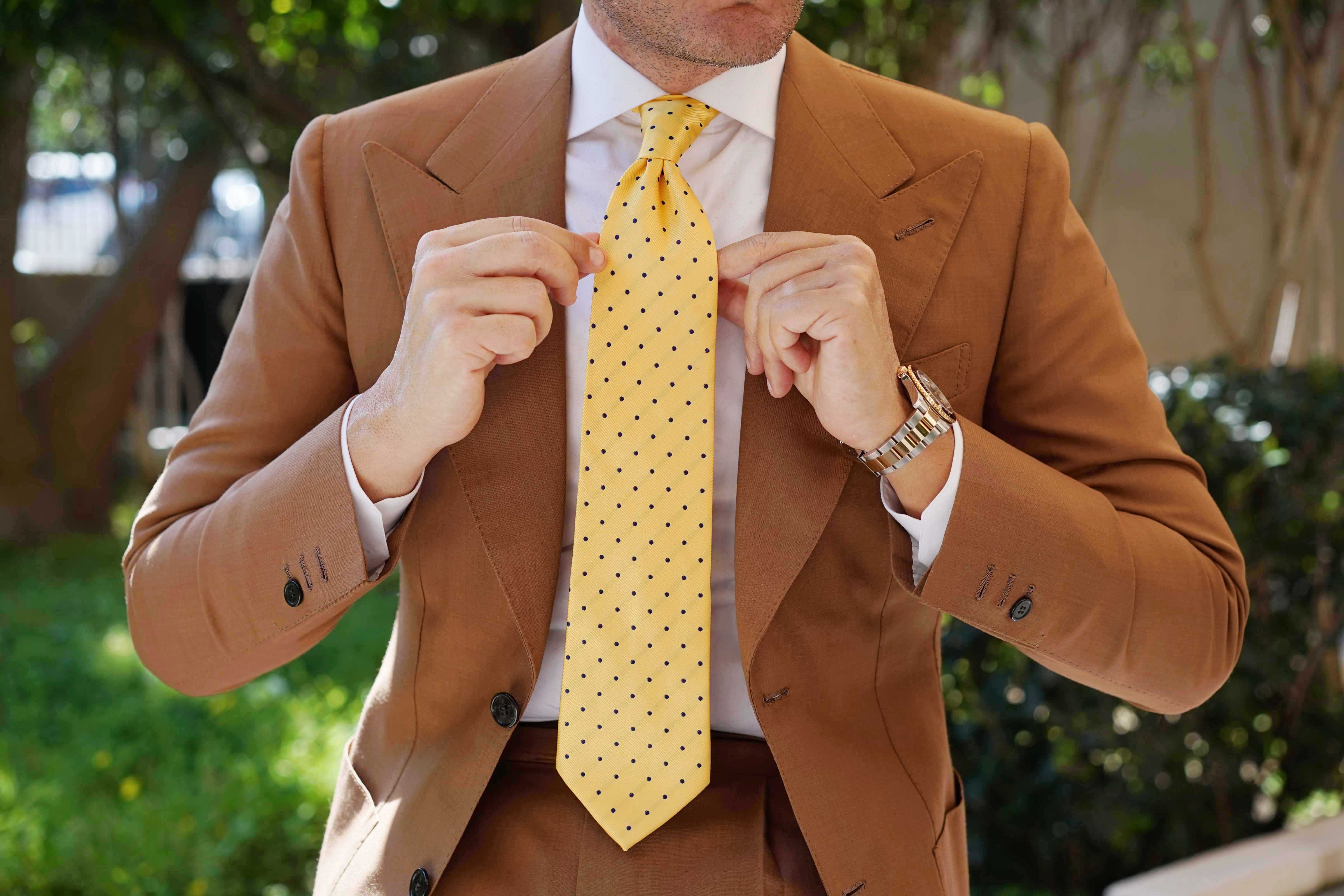 Nailhead Polka Dot Tie - Yellow with Navy