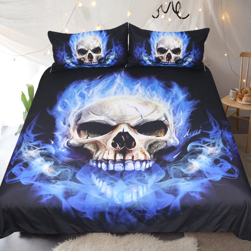 Flame Skull Bedding Set 3d Print Gothic Duvet Cover Blue Fire 3pcs