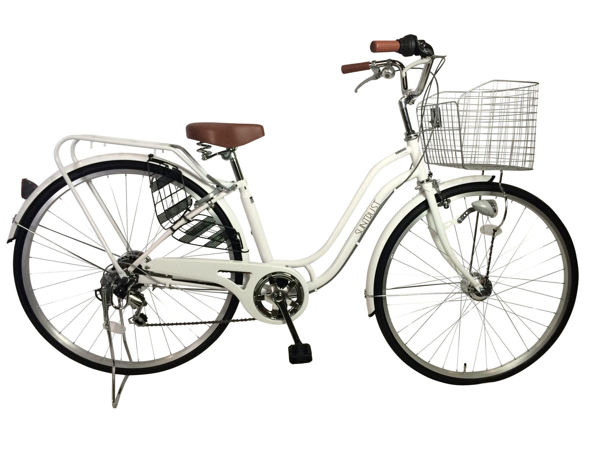自転車 27インチ 6段変速ギア オートライト ママチャリ ホワイト白 サントラスト Suntrust Ssフレーム女性にお勧め 自転車 通販のゴーゴーサイクリング